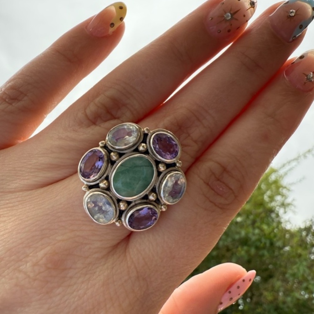 Nicky Butler Sterling Silver Emerald Moonstone & Amethyst Ring Size 8